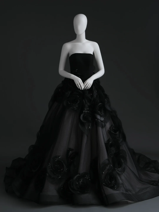 Unique Black Ball Gown Strapless Satin Tulle Flowers Long Wedding Dress GG2999