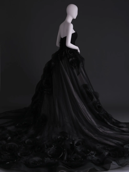 Unique Black Ball Gown Strapless Satin Tulle Flowers Long Wedding Dress GG2999