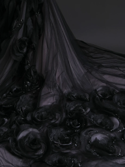 Unique Black Ball Gown Strapless Satin Tulle Flowers Long Wedding Dress GG2999