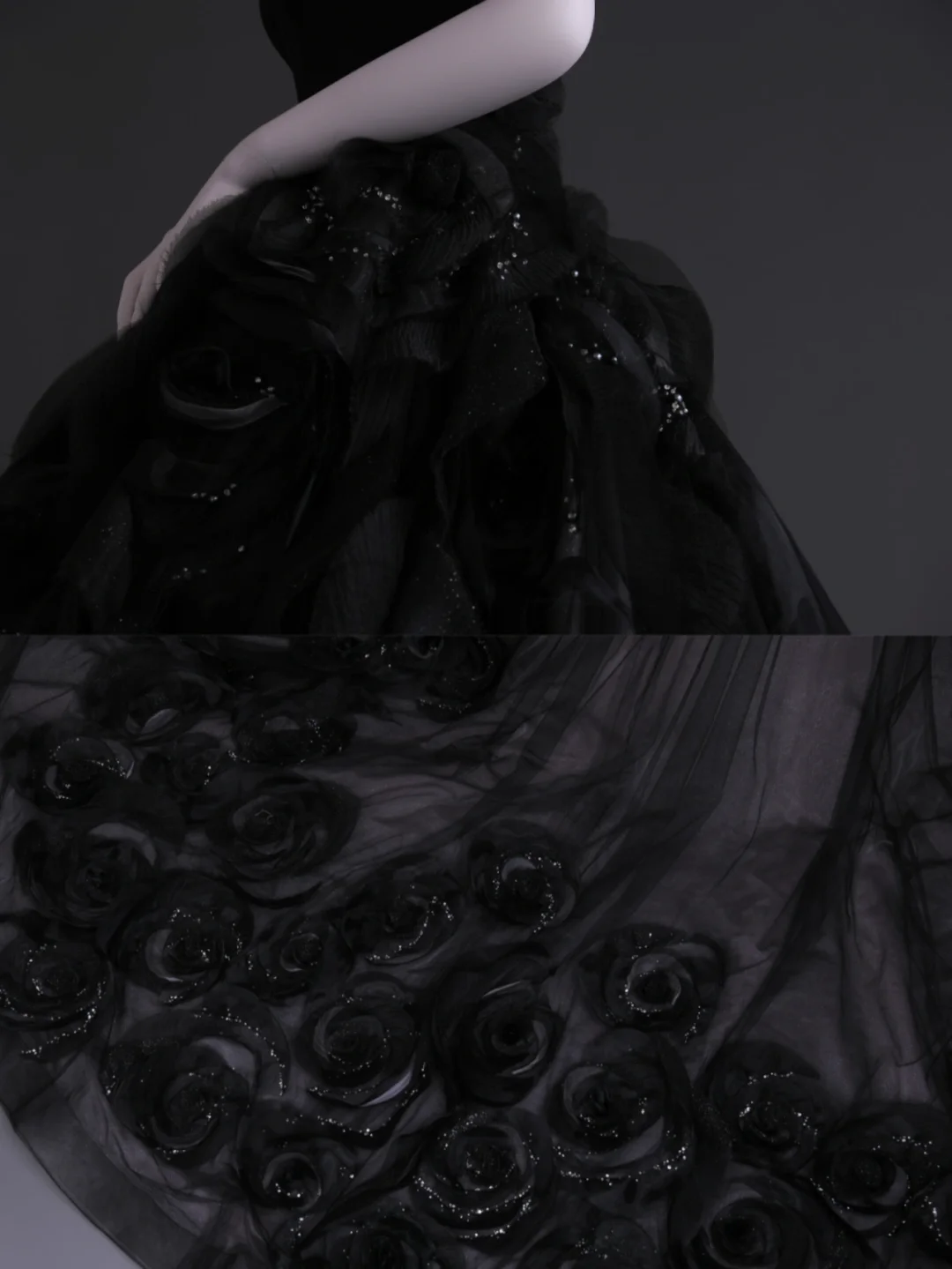 Unique Black Ball Gown Strapless Satin Tulle Flowers Long Wedding Dress GG2999