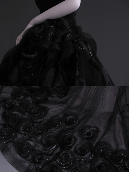 Unique Black Ball Gown Strapless Satin Tulle Flowers Long Wedding Dress GG2999