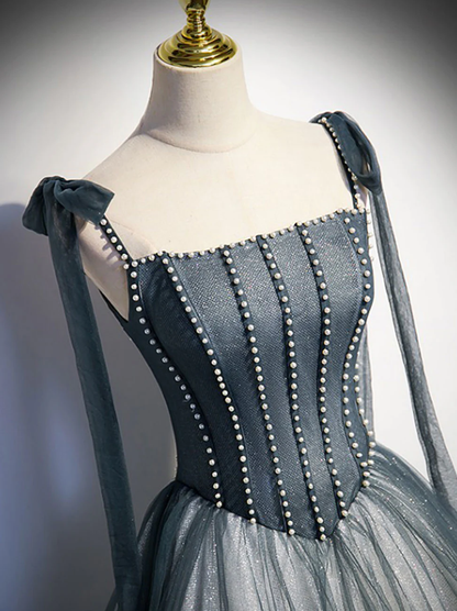 Delicate A Line Spaghetti Straps Bow Shoulder Beading Tulle Long Prom Dress,Evening Dress GG299