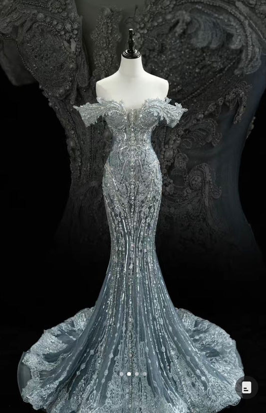 Timeless Mermaid Off The Shoulder Tulle Sequin Beaded Long Wedding Dress GG3005