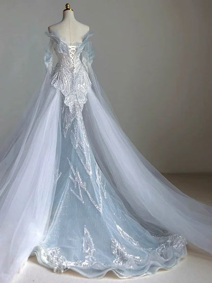 Dreamy Mermaid Off The Shoulder Tulle Sequin Beaded Long Sleeves Long Wedding Dress GG3006