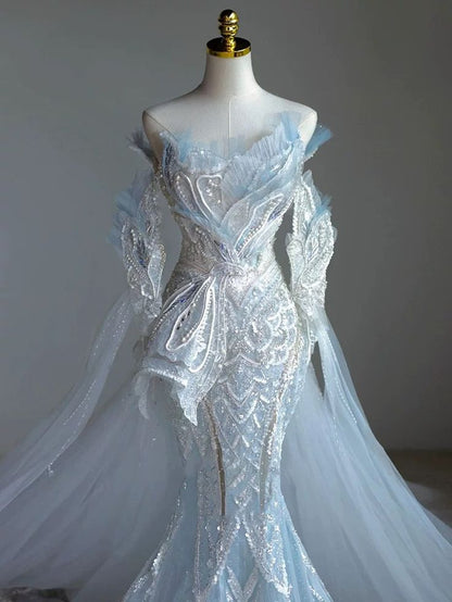 Dreamy Mermaid Off The Shoulder Tulle Sequin Beaded Long Sleeves Long Wedding Dress GG3006