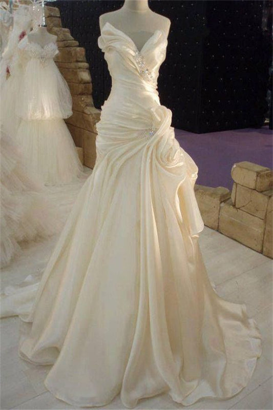 Vintage A Line Strapless Ivory Satin Pleated Long Wedding Dress GG3007