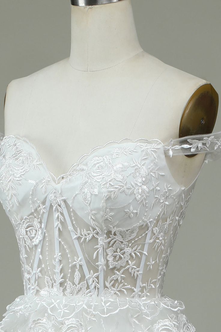 Dreamy A Line Off The Shoulder White Tulle Lace Tiered Long Wedding Dress GG3010