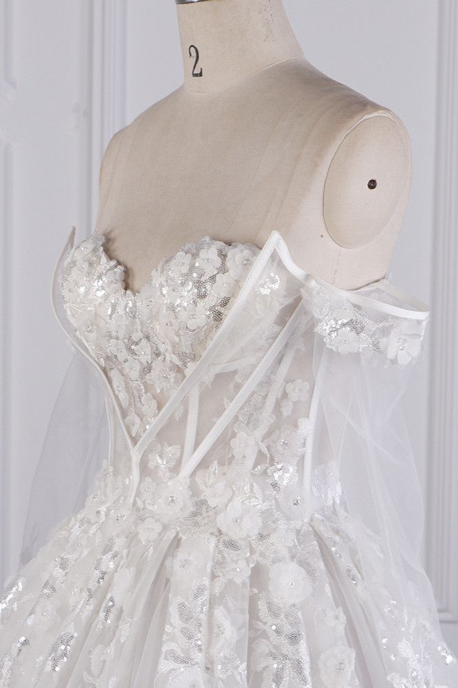 Timeless A Line Off The Shoulder White Tulle Applique Long Sleeves Long Wedding Dress GG3011