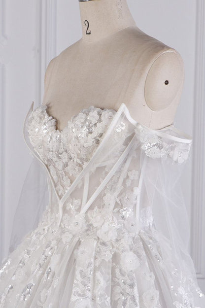 Timeless A Line Off The Shoulder White Tulle Applique Long Sleeves Long Wedding Dress GG3011