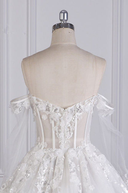 Timeless A Line Off The Shoulder White Tulle Applique Long Sleeves Long Wedding Dress GG3011