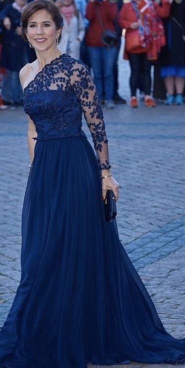 One Shoulder A Line Navy Tulle Applique Long Sleeves Long Mother Of Bride Dress,Evening Dress GG3014
