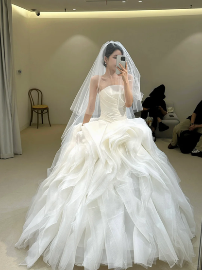 Classy Ball Gown Strapless Ivory Satin Tulle With Veil Long Wedding Dress GG3015