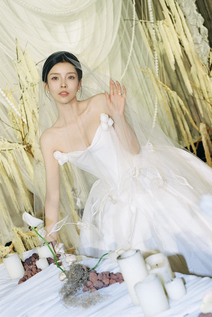 Princess Ball Gown Strapless White Satin With Veil Long Wedding Dress GG3018