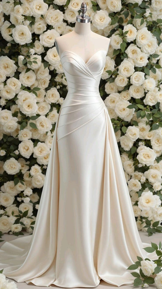 Classy Simple A Line Strapless Ivory Satin Long Wedding Dress GG3022
