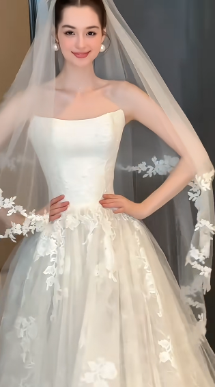 Princess A Line Strapless White Satin Tulle Applique With Veil Long Wedding Dress GG3024