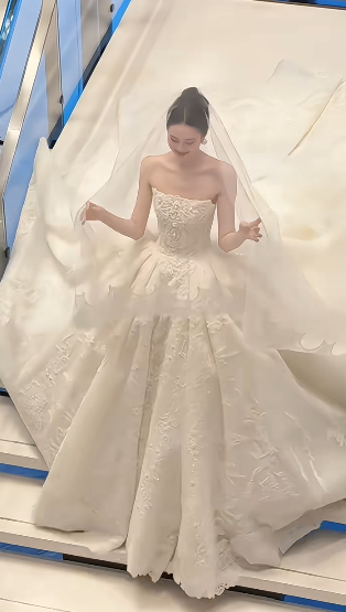 Timeless Ball Gown White Strapless Satin Applique With Veil Long Wedding Dress GG3025