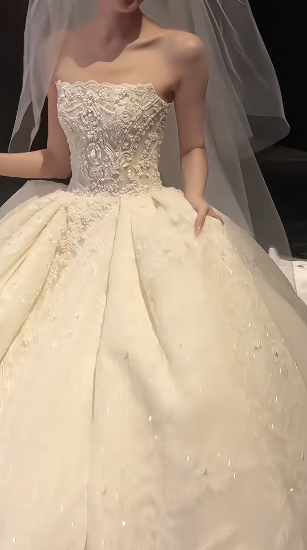 Timeless Ball Gown White Strapless Satin Applique With Veil Long Wedding Dress GG3025