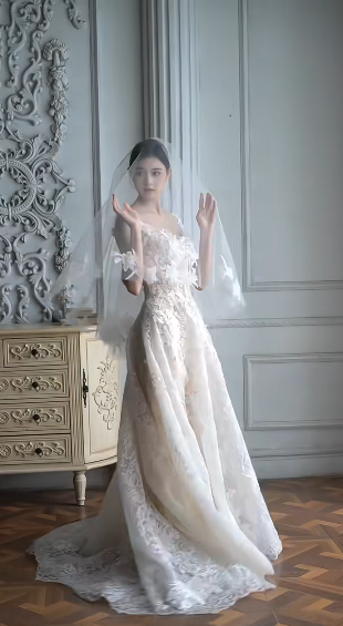 Dreamy A line Square Lace With Veil Long Wedding Dress GG3030