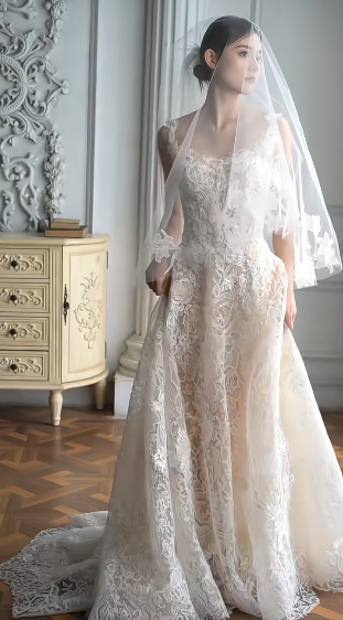 Dreamy A line Square Lace With Veil Long Wedding Dress GG3030