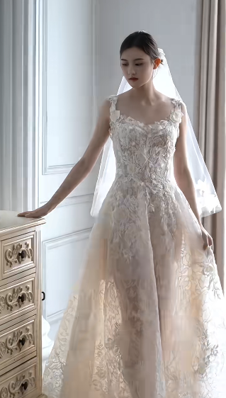 Dreamy A line Square Lace With Veil Long Wedding Dress GG3030