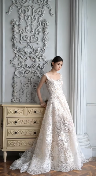 Dreamy A line Square Lace With Veil Long Wedding Dress GG3030