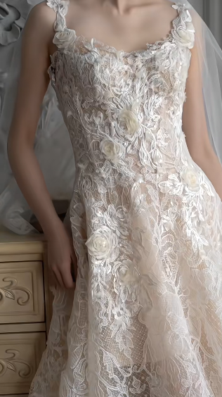 Dreamy A line Square Lace With Veil Long Wedding Dress GG3030