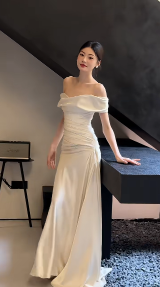 Simple Mermaid Off The Shoulder Satin Pleated Long Wedding Dress GG3033