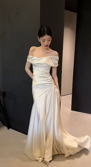 Simple Mermaid Off The Shoulder Satin Pleated Long Wedding Dress GG3033