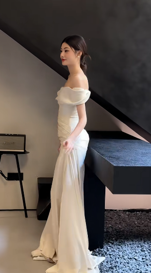 Simple Mermaid Off The Shoulder Satin Pleated Long Wedding Dress GG3033