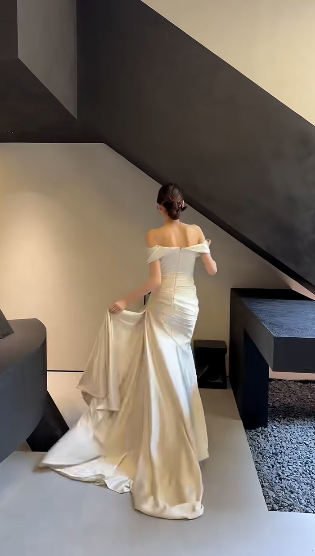 Simple Mermaid Off The Shoulder Satin Pleated Long Wedding Dress GG3033