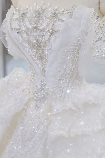 Timeless Ball Gown Off The Shoulder White Tulle Lace Beaded Long Wedding Dress GG3034