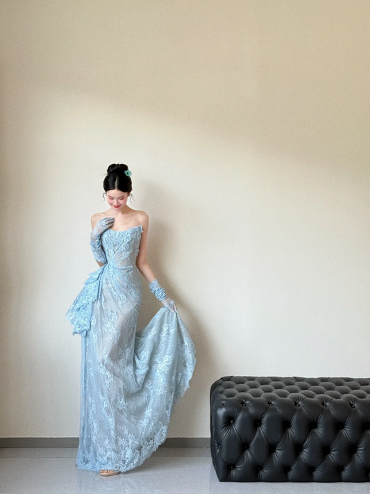 Vintage Mermaid Strapless Pale Blue Lace Long Prom Dress, Party Dress, Evening Dress GG3036