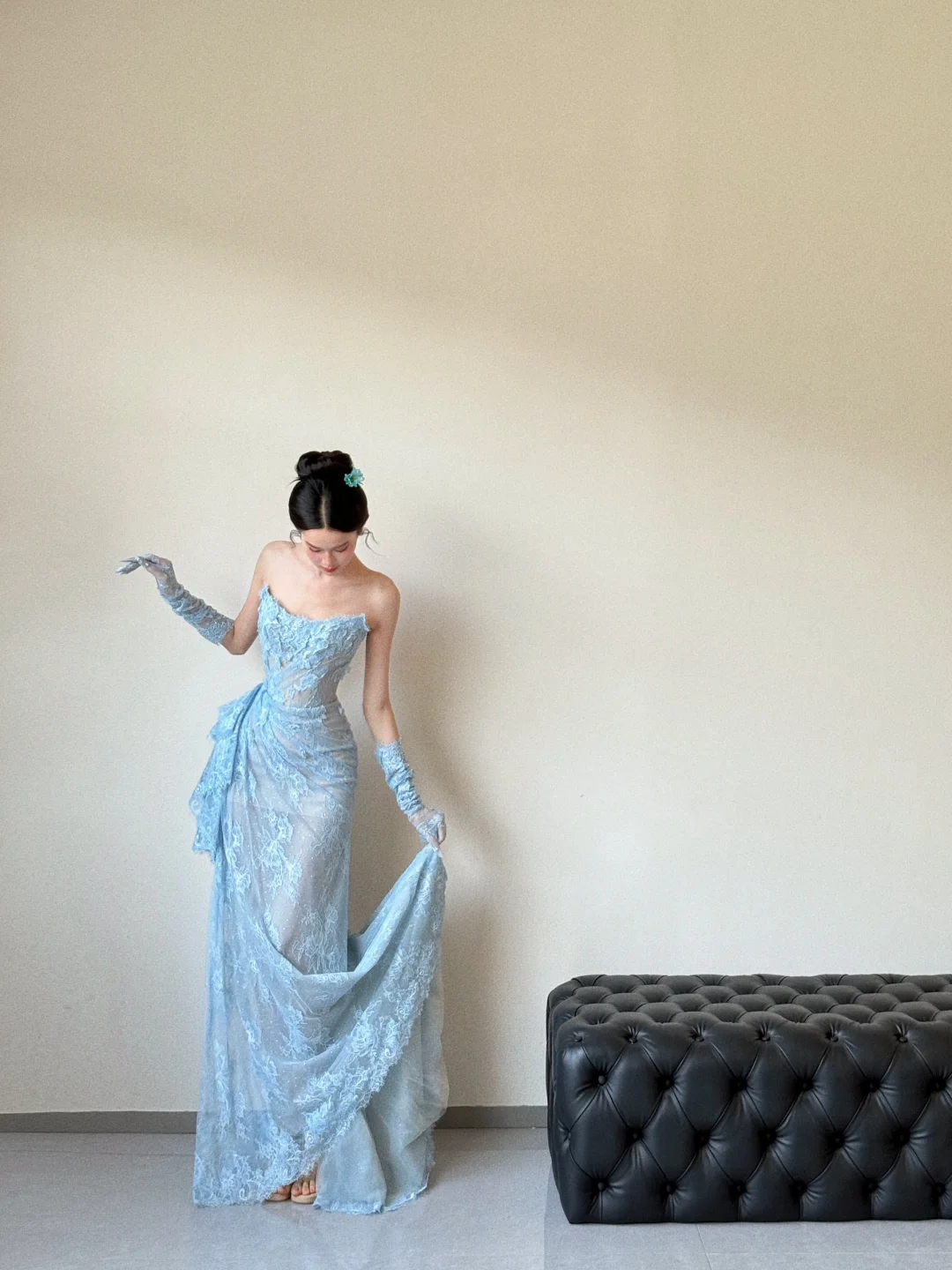 Vintage Mermaid Strapless Pale Blue Lace Long Prom Dress, Party Dress, Evening Dress GG3036