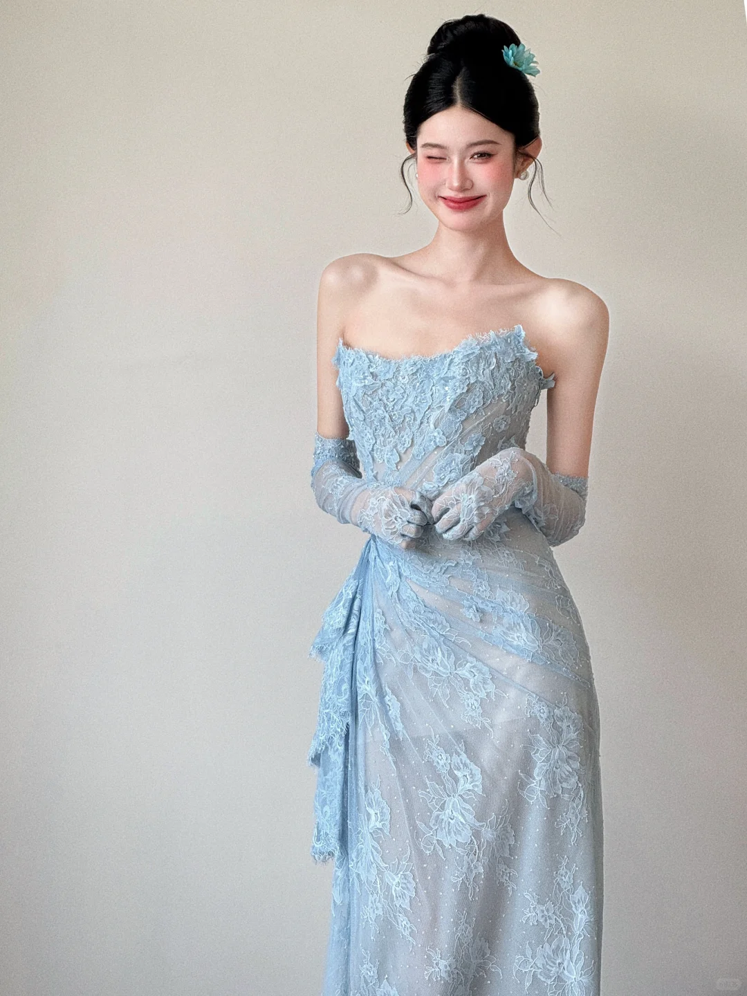 Vintage Mermaid Strapless Pale Blue Lace Long Prom Dress, Party Dress, Evening Dress GG3036