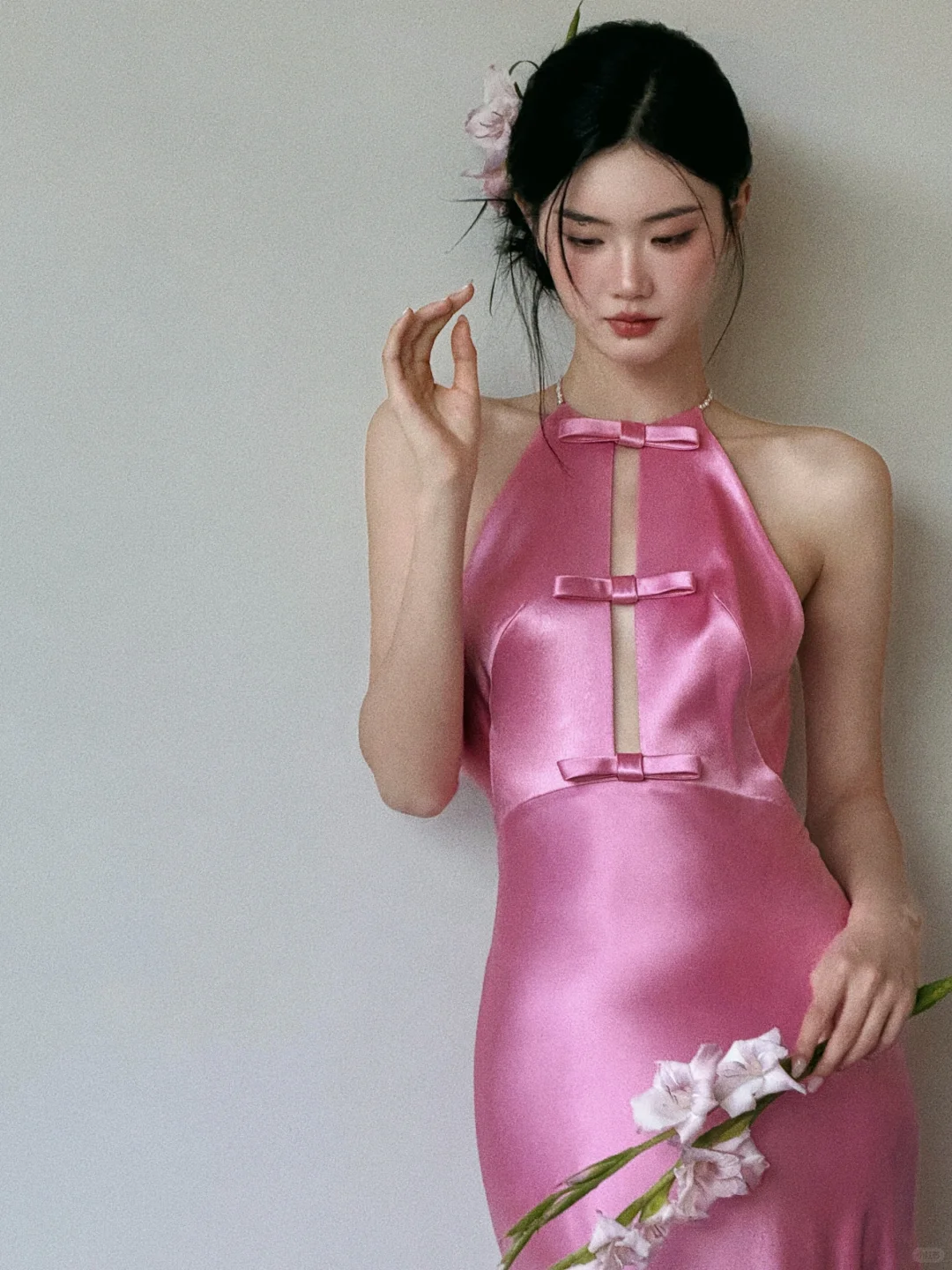 Unique Mermaid Halter Pink Silk Satin Long Prom Dress, Party Dress, Evening Dress GG3037