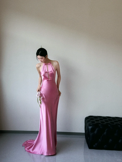Unique Mermaid Halter Pink Silk Satin Long Prom Dress, Party Dress, Evening Dress GG3037