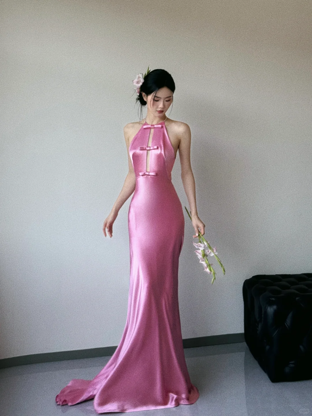 Unique Mermaid Halter Pink Silk Satin Long Prom Dress, Party Dress, Evening Dress GG3037
