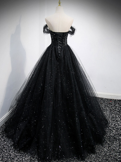 Shiny A Line Off The Shoulder Black Beading Tulle Long Prom Dress,Evening Dress GG303