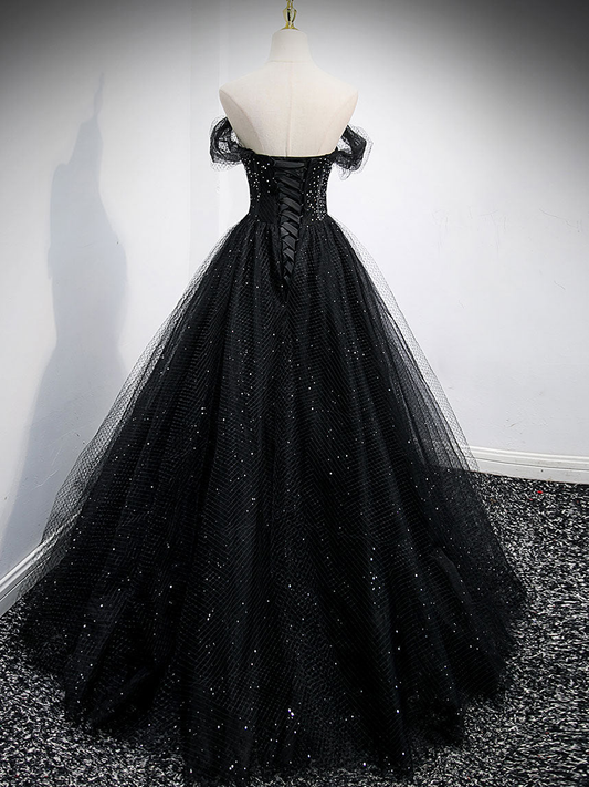 Shiny A Line Off The Shoulder Black Beading Tulle Long Prom Dress,Evening Dress GG303