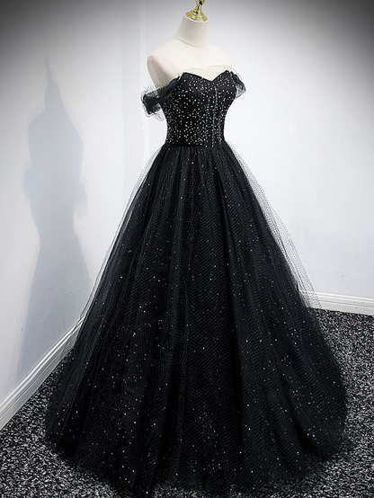 Shiny A Line Off The Shoulder Black Beading Tulle Long Prom Dress,Evening Dress GG303