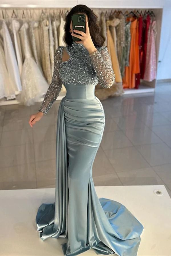 Gorgeous Mermaid Sheath Satin Beaded Long Sleeves Long Mother Of Bride Dress,Evening Dress GG3045