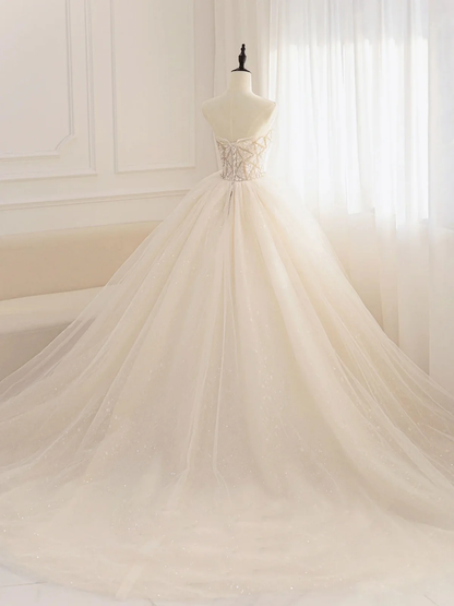 Shiny A Line Strapless Light Lvory Beading Sequin Tulle Long Prom Dress,Wedding Dresses,Evening Dress GG304