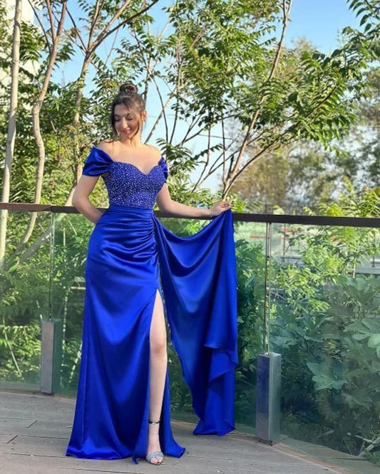 Royal Blue Elegant Mermaid Off The Shoulder Satin Beaded Slit Long Mother Of Bride Dress,Evening Dress GG3054