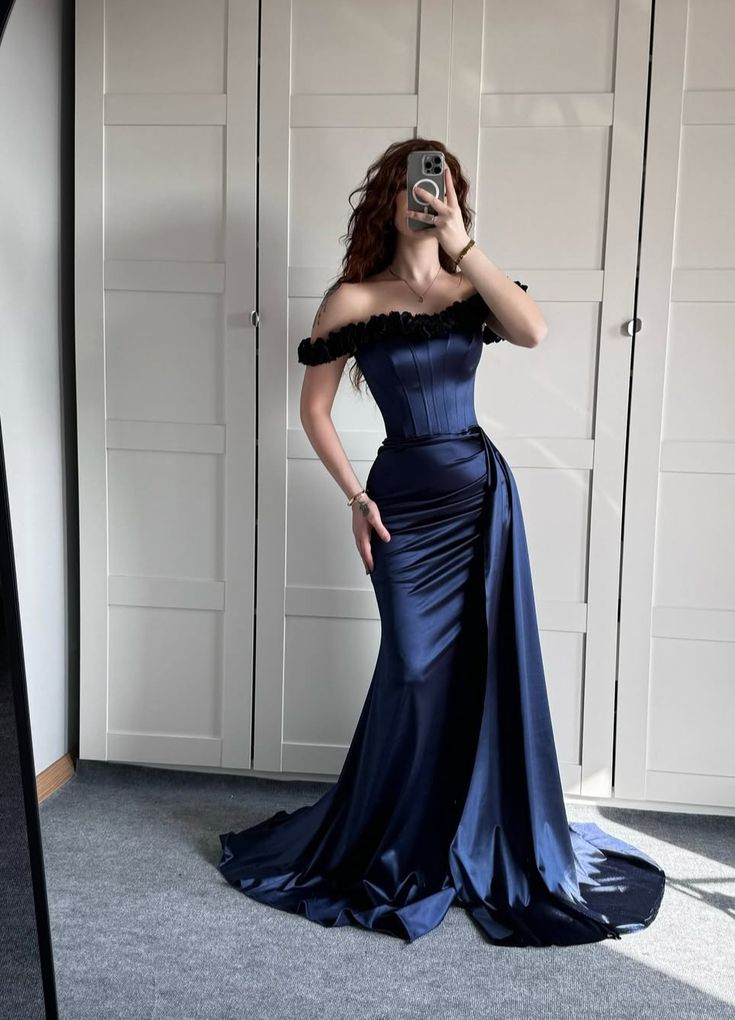 Elegant Mermaid Off The Shoulder Navy Blue Satin Long Mother Of Bride Dress,Evening Dress GG3056