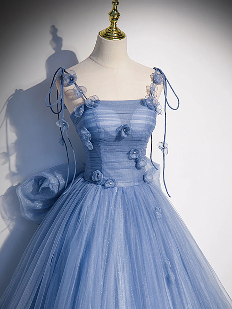 Delicate A Line Spaghetti Straps Blue 3D Floral Beaded Back Bow Tulle Long Prom Dress,Evening Dress GG305