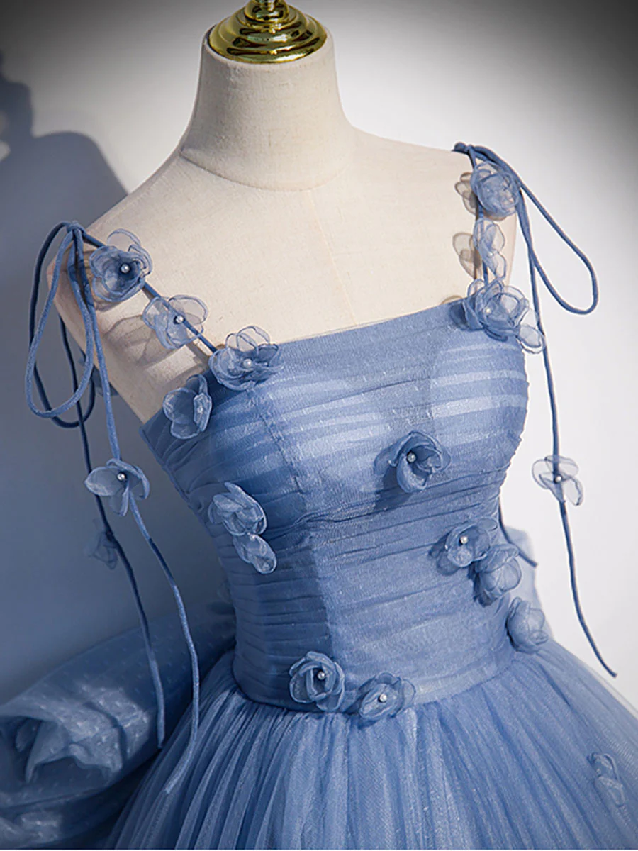 Delicate A Line Spaghetti Straps Blue 3D Floral Beaded Back Bow Tulle Long Prom Dress,Evening Dress GG305