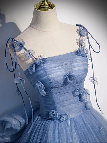 Delicate A Line Spaghetti Straps Blue 3D Floral Beaded Back Bow Tulle Long Prom Dress,Evening Dress GG305