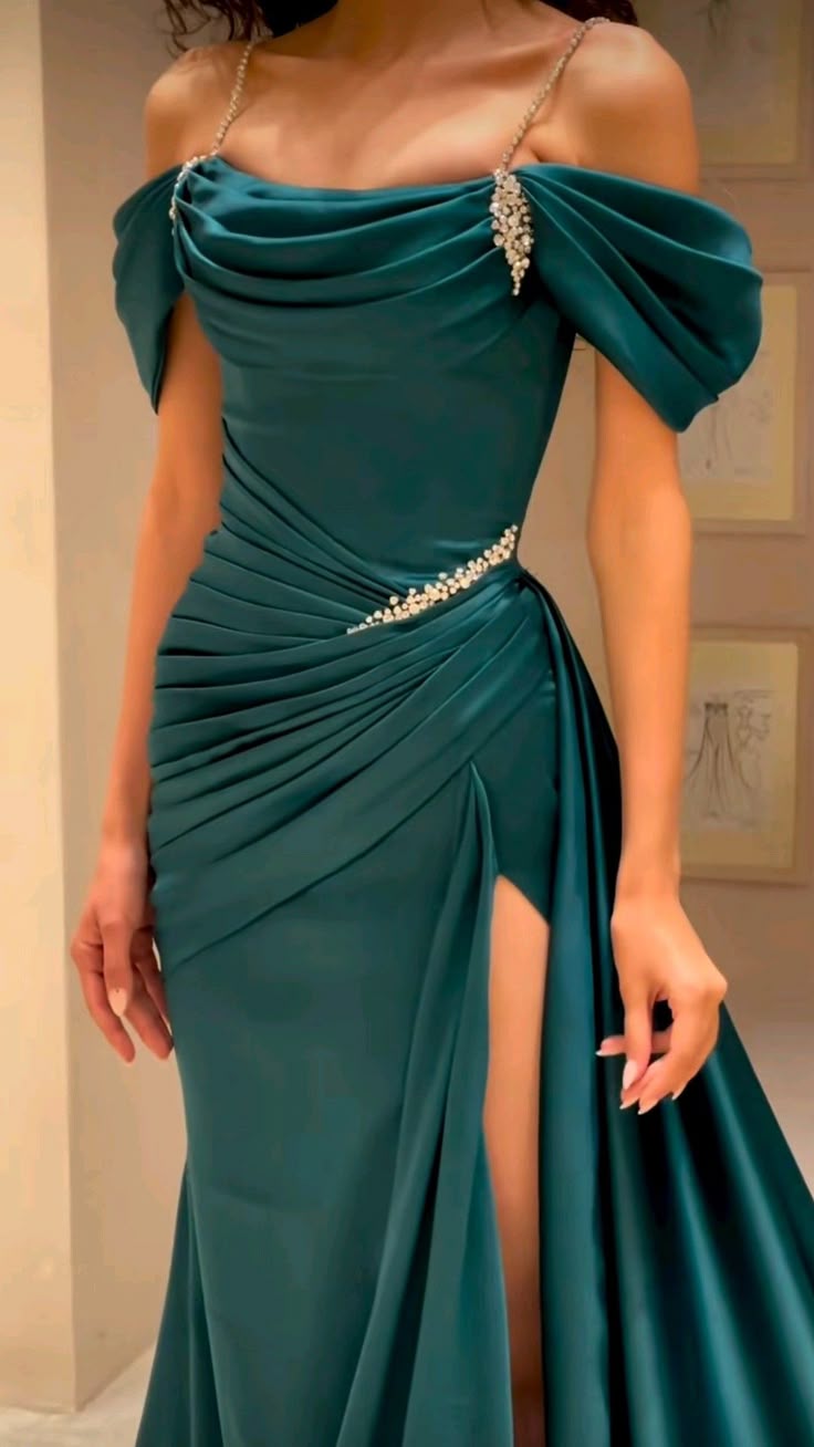Emerald Green Mermaid Off The Shoulder Satin Pleated Long Mother Of Bride Dress,Evening Dress GG3060
