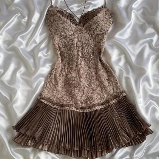 Pretty A Line Spaghetti Straps Brown Satin Lace Short Prom Dress,Homecoming Dress,Birthday Dress GG3069
