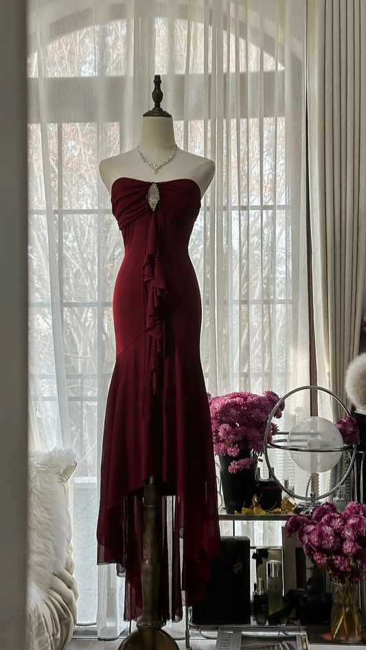 Vintage Burgundy Mermaid Strapless Chiffon Long Prom Dress, Party Dress, Evening Dress GG3070